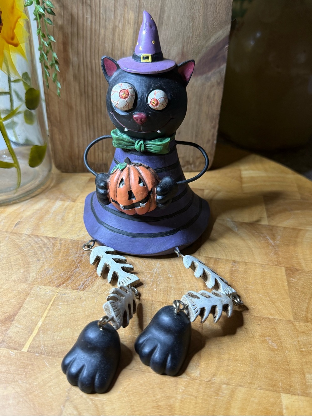 Whimsical Halloween Witch Cat Figurine with Dangling Skeleton Legs & Pumpkin